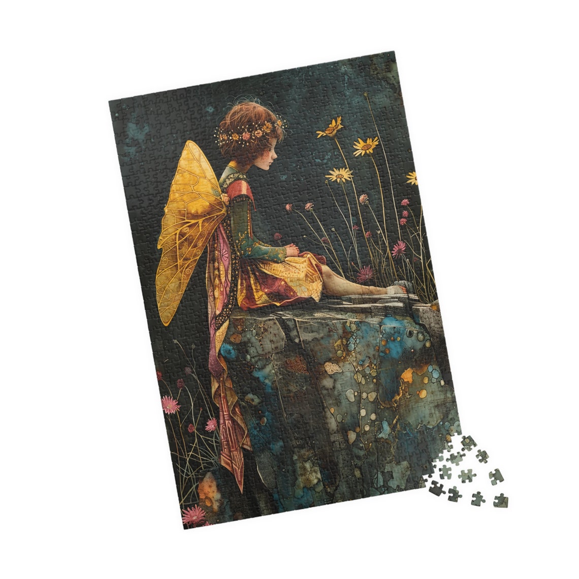 Golden Winged Fairy Sitting on Stone Ledge Dark Floral Art Poster - Image 4
