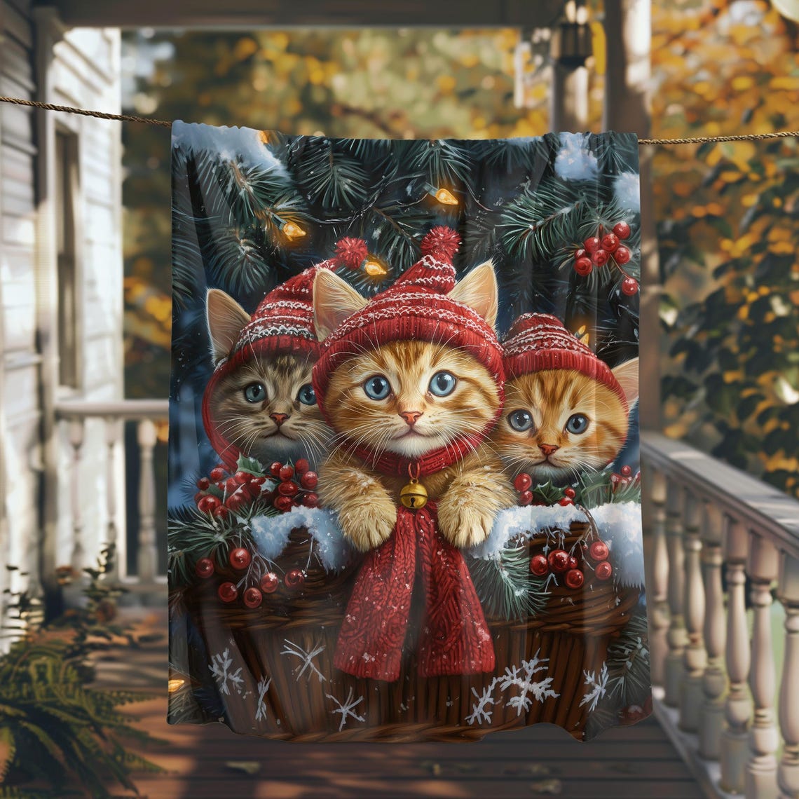 Three Kittens in Red Knit Hats Sitting in a Christmas Basket Print