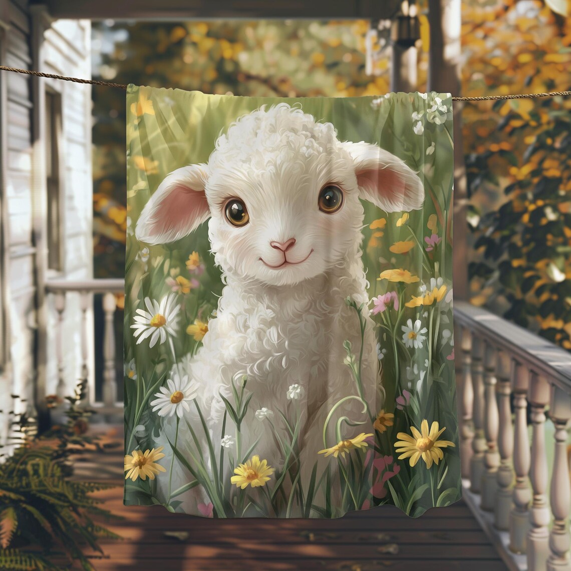 Sweet Fluffy Lamb Smiling in a Green Meadow of Wildflowers Poster