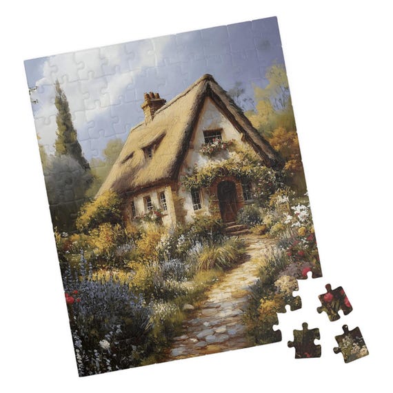 English Cottage With Thatch Roof And Garden Jigsaw Puzzle Gift For Holidays Birthdays Get Well And Nursing Homes Tech Free Activity