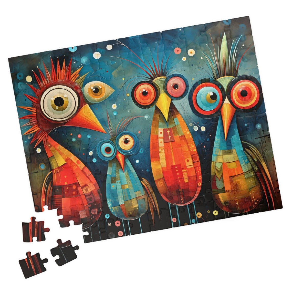 Four Silly Colorful Birds With Huge Googly Eyes Abstract Mosaic Poster