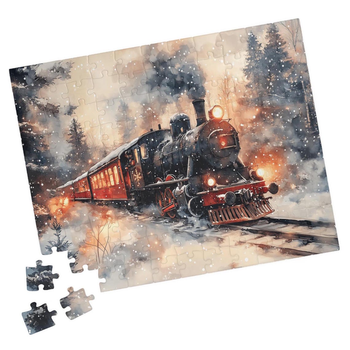 Classic Black Steam Train Steaming Through Winter Snowfall Poster