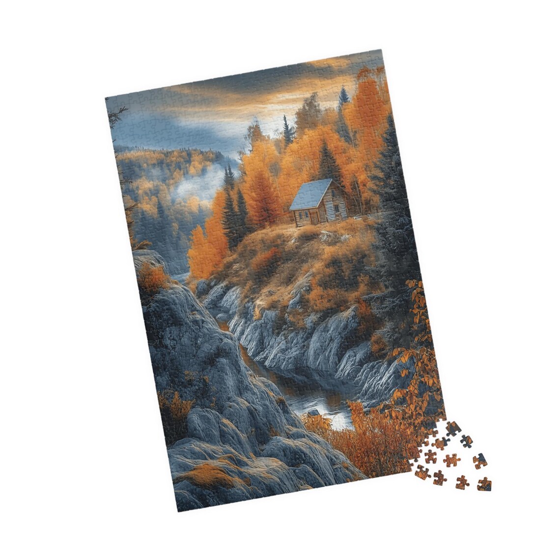 Log Cabin on a Golden Autumn Hill Above a Rocky Stream Art Print - Image 4
