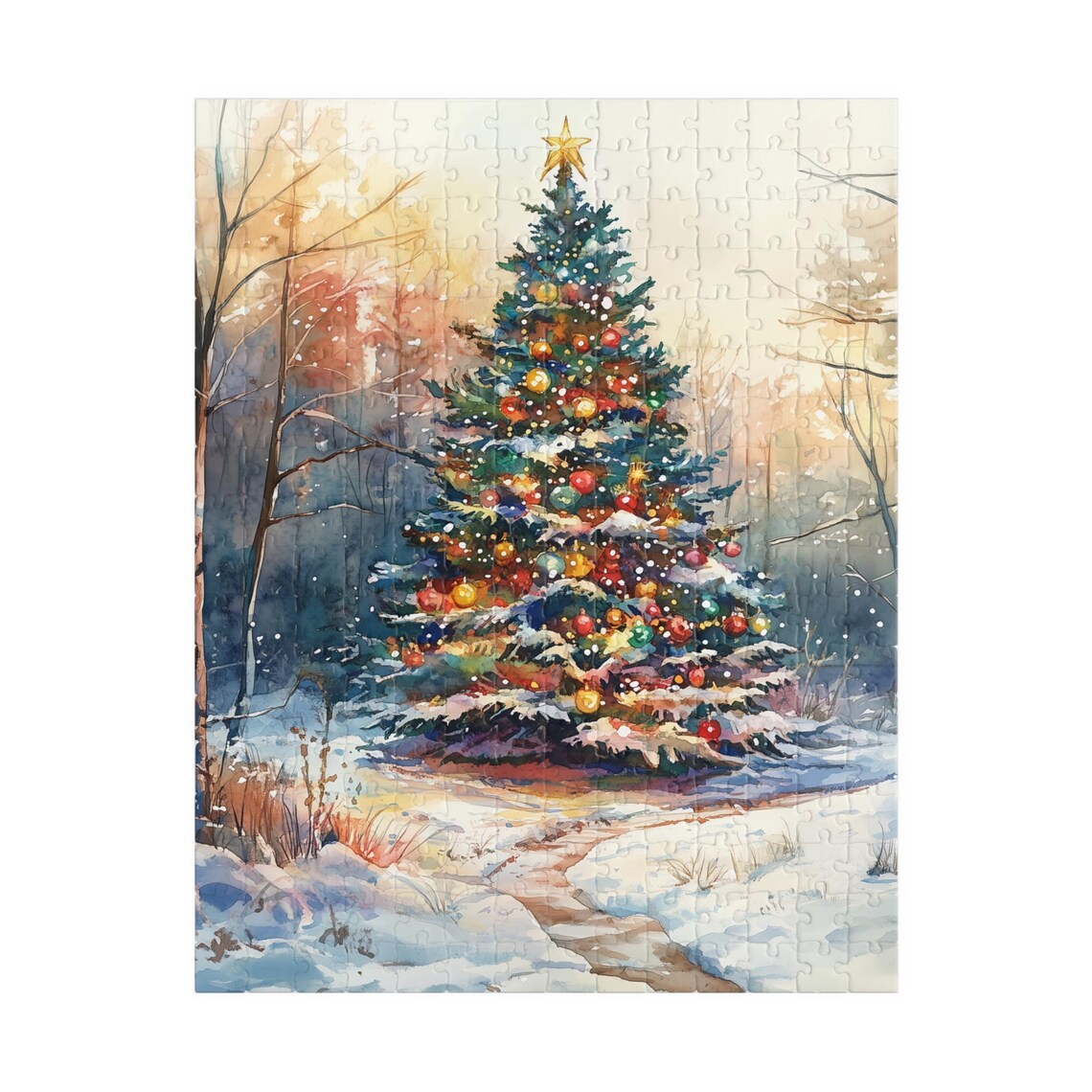 Watercolor Christmas Tree Glowing In A Snowy Forest Art Poster - Image 5