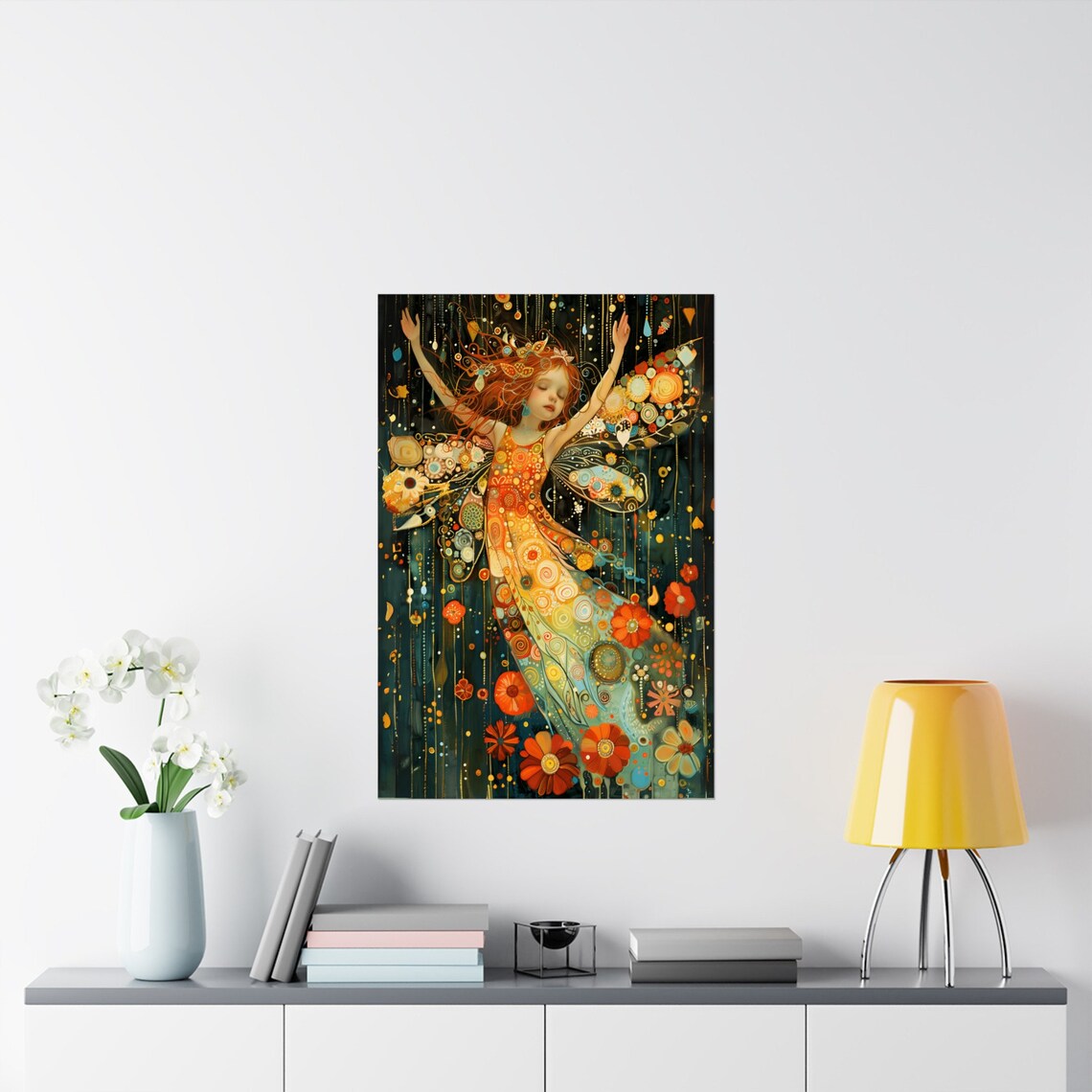 Vibrant Fairy Girl Mosaic Flower Dress Teal Fantasy Art Poster - Image 2