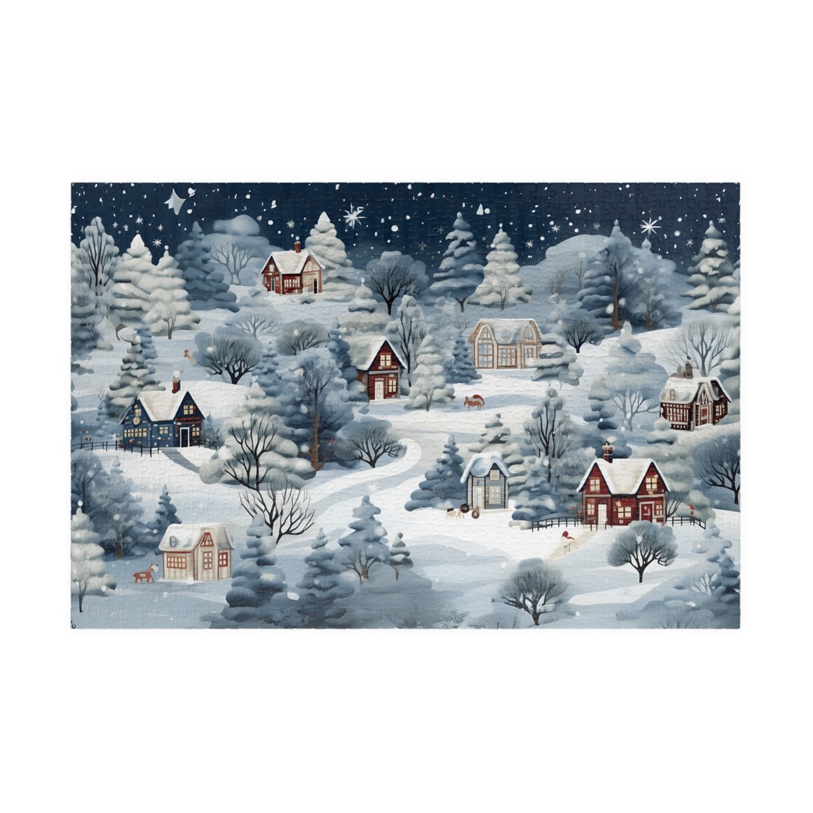 Snowy Winter Village Cabins Starry Night Pine Forest Art Poster - Image 3