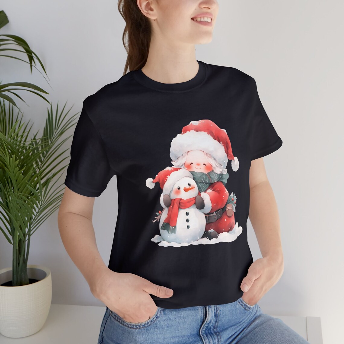 Cute Santa Girl Hugging Snowman Cozy Watercolor Christmas Art Poster - Image 2
