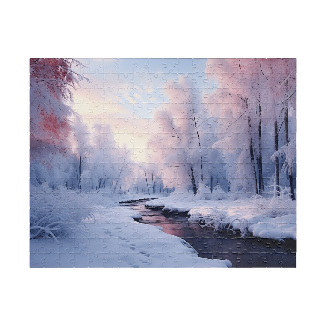Snowy Forest Stream Early Winter Sunrise Pastel Pink Snow Poster - Image 2