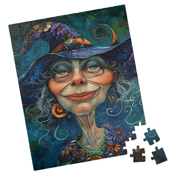 Whimsical Witch With Purple Swirled Hat Fantasy Jigsaw Puzzle Print