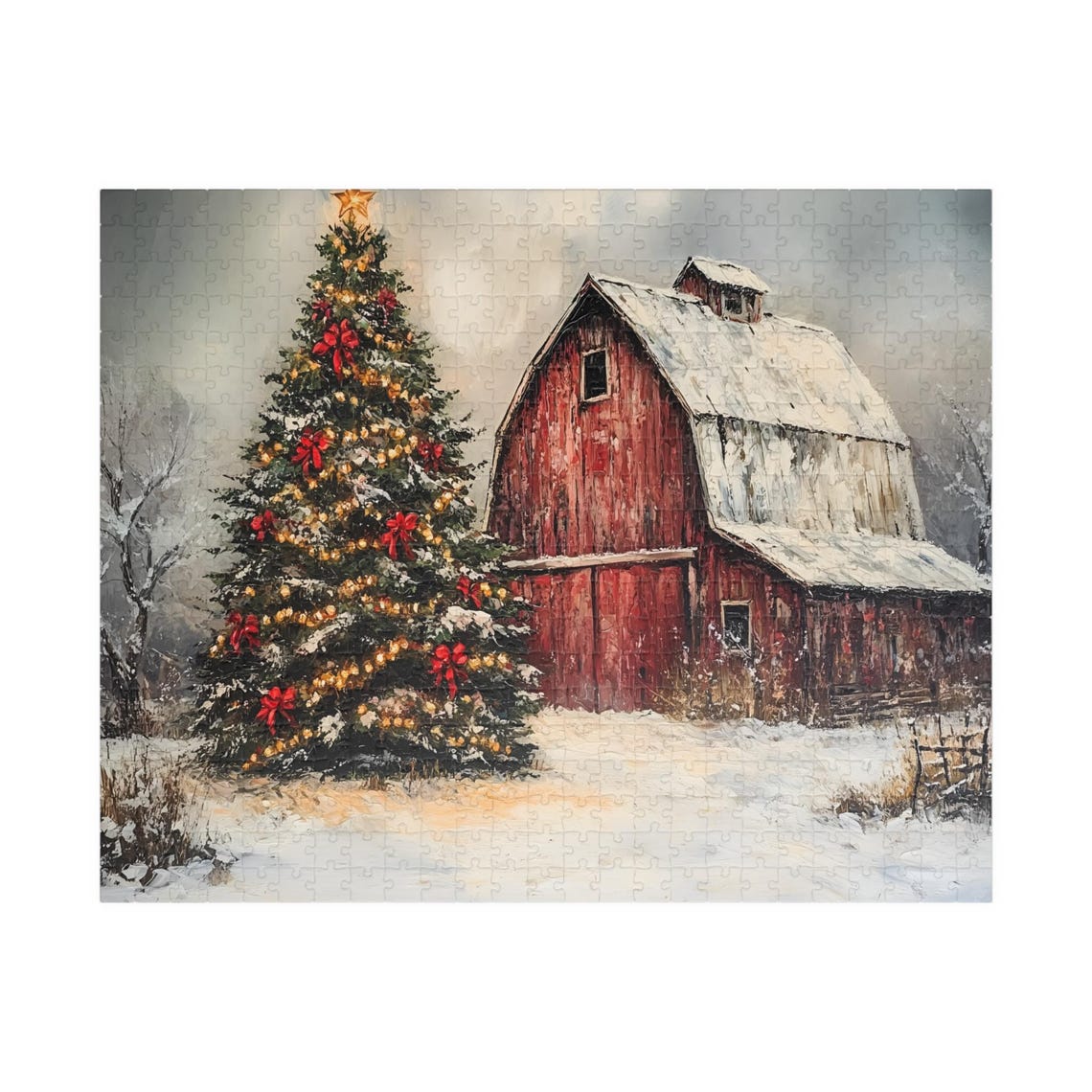 Red Barn With Decorated Christmas Tree Red Bows Lights Winter Poster - Image 2