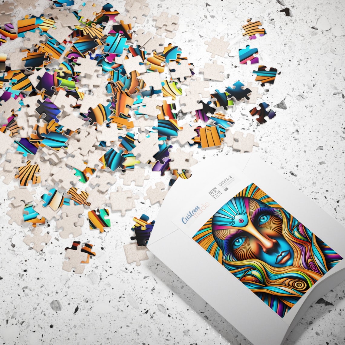 Psychedelic Sun Goddess Face in Vivid Orange and Turquoise Print - Image 2