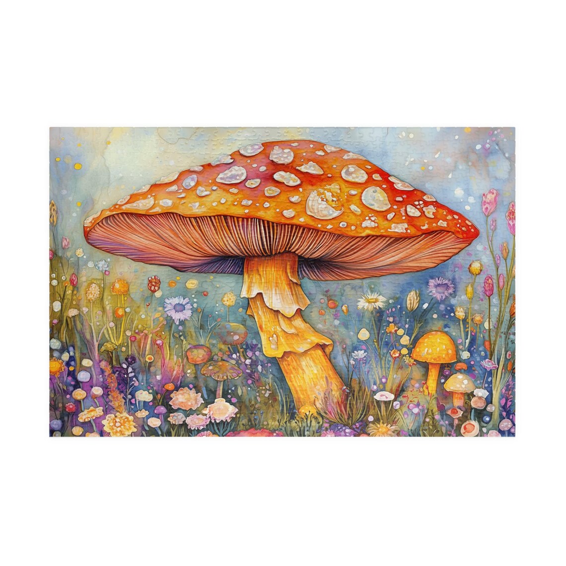 Red Fly Agaric Mushroom In A Wildflower Meadow Watercolor Art Poster - Image 3