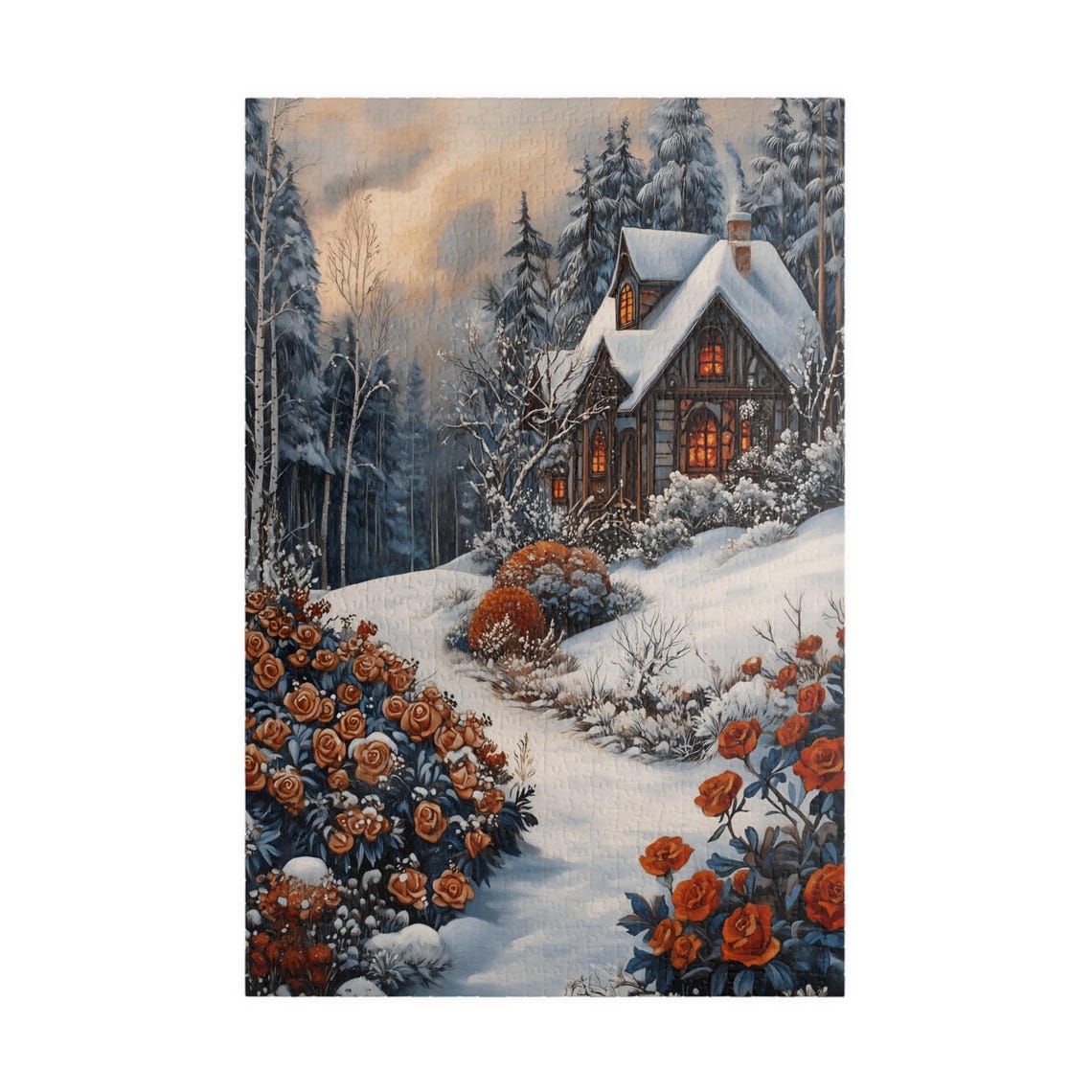 Early Snow Over Red Country Roses by Cozy Winter Cabin Poster - Image 3