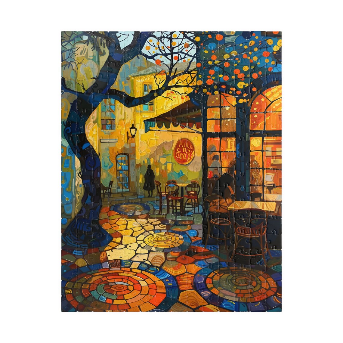 Glowing Twilight Cafe Terrace With Mosaic Cobblestone Art Poster - Image 2