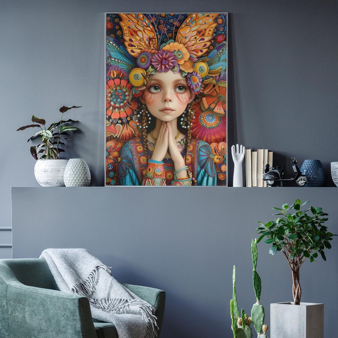 Fairy Girl With Ornate Butterfly Headdress Boho Pattern Art Poster - Image 2