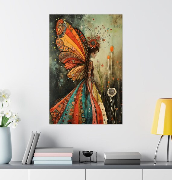 Graceful Fairy With Bright Orange Butterfly Wings at Dawn Poster