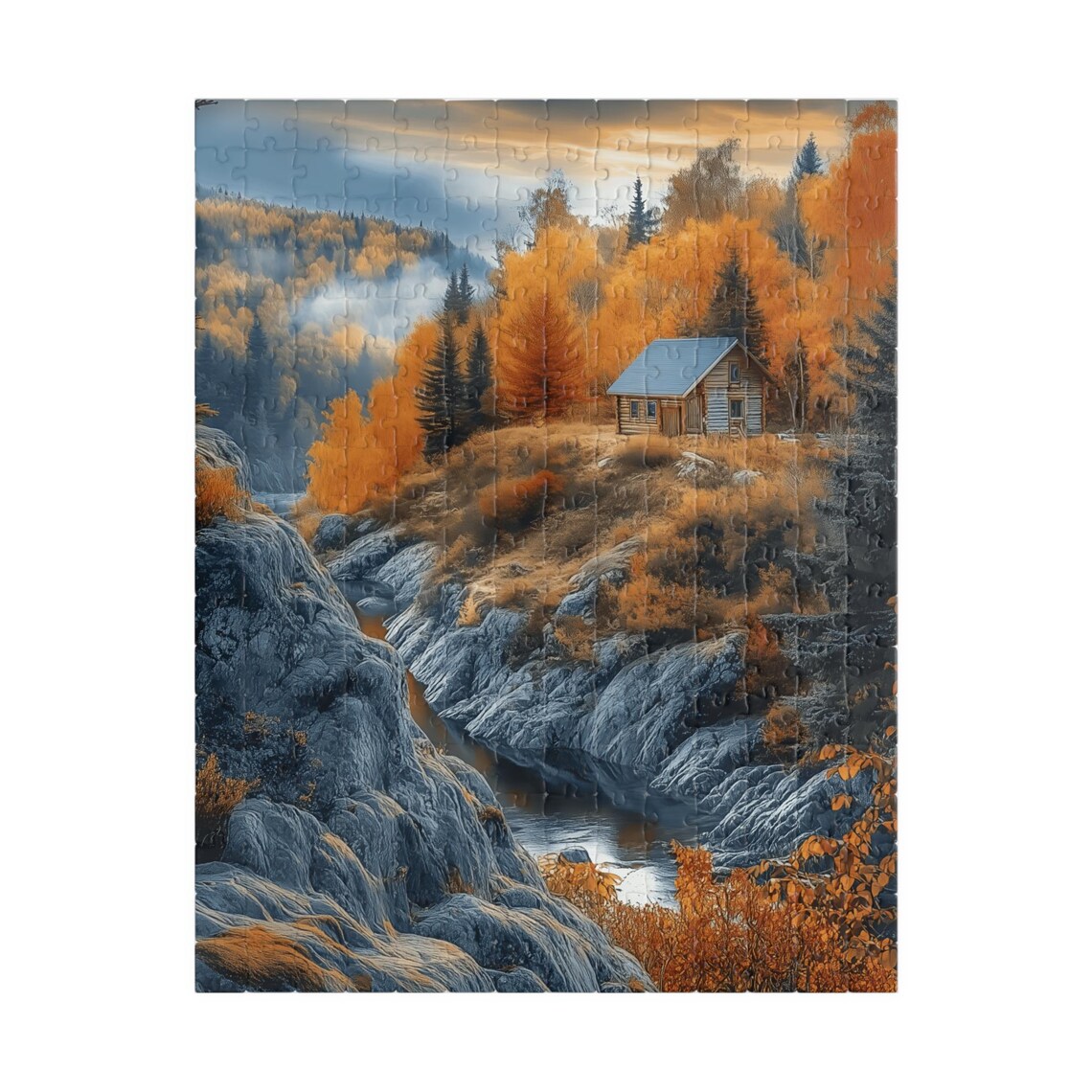 Log Cabin on a Golden Autumn Hill Above a Rocky Stream Art Print - Image 5