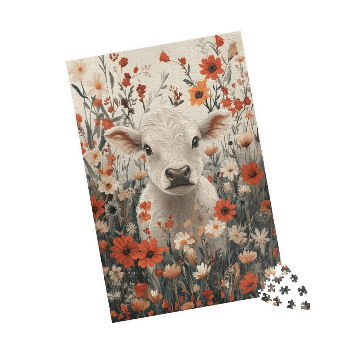 White Baby Cow Wildflower Meadow Calf Floral Cute Animal Poster - Image 4