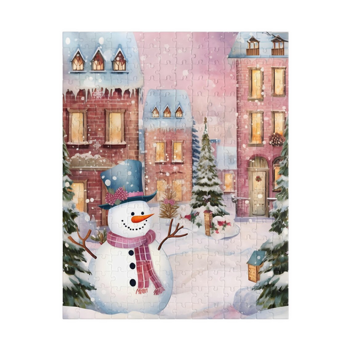 Cheerful Snowman in a Cozy Snowy Christmas Town Street Poster - Image 5