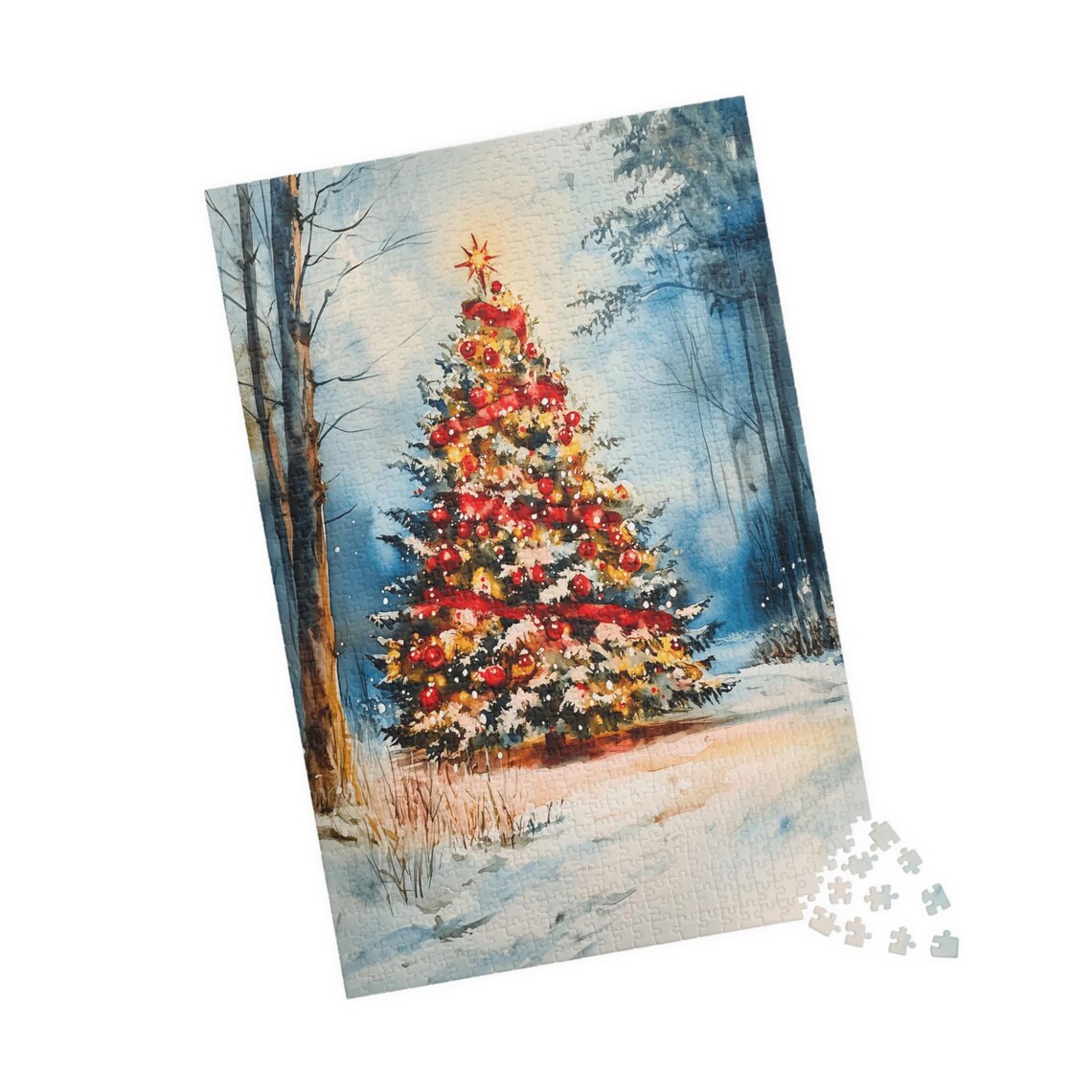 Snowy Christmas Tree With Red Ornaments In Woodland Watercolor Print - Image 4
