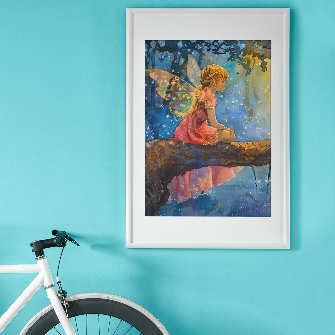 Blonde Fairy Girl Moonlit Rock Starry Water Night Watercolor Poster - Image 2