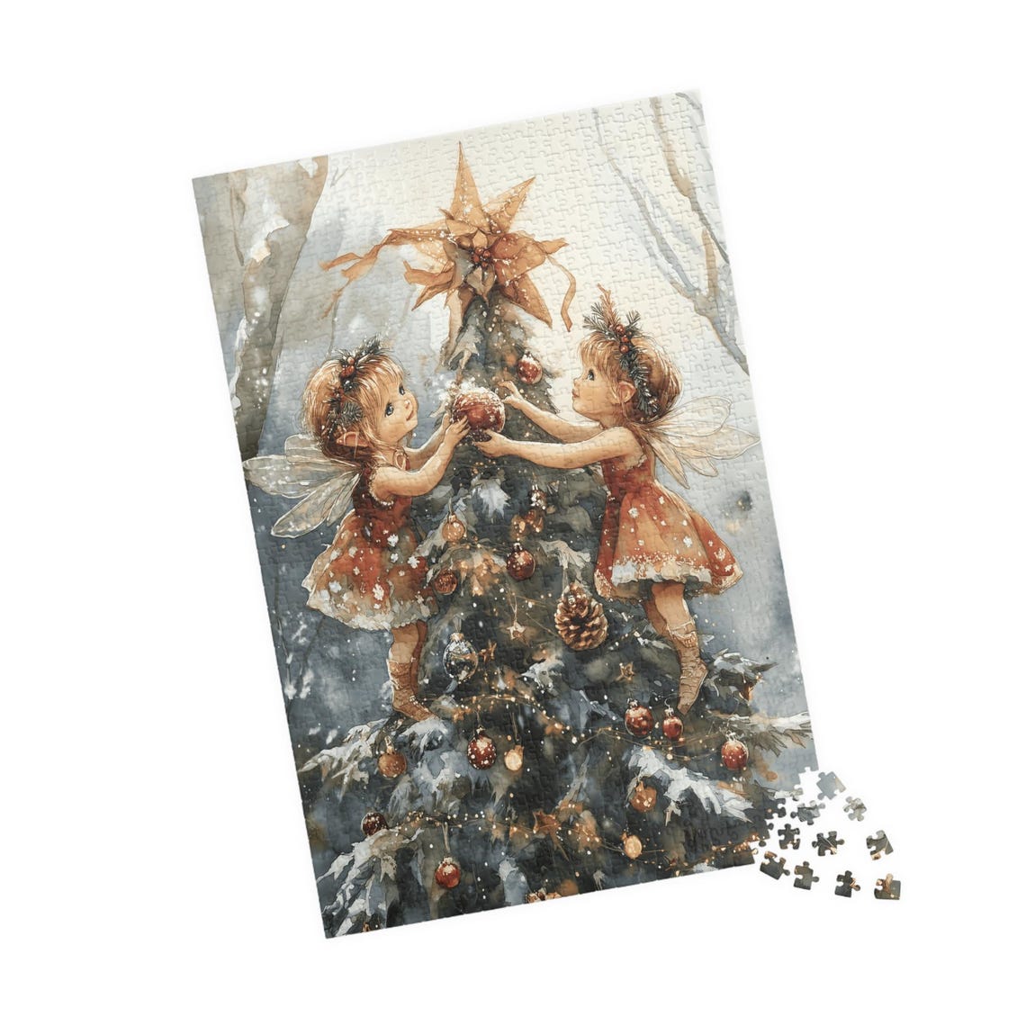 Two Fairies Decorating Christmas Tree Snowy Forest Watercolor Poster - Image 4