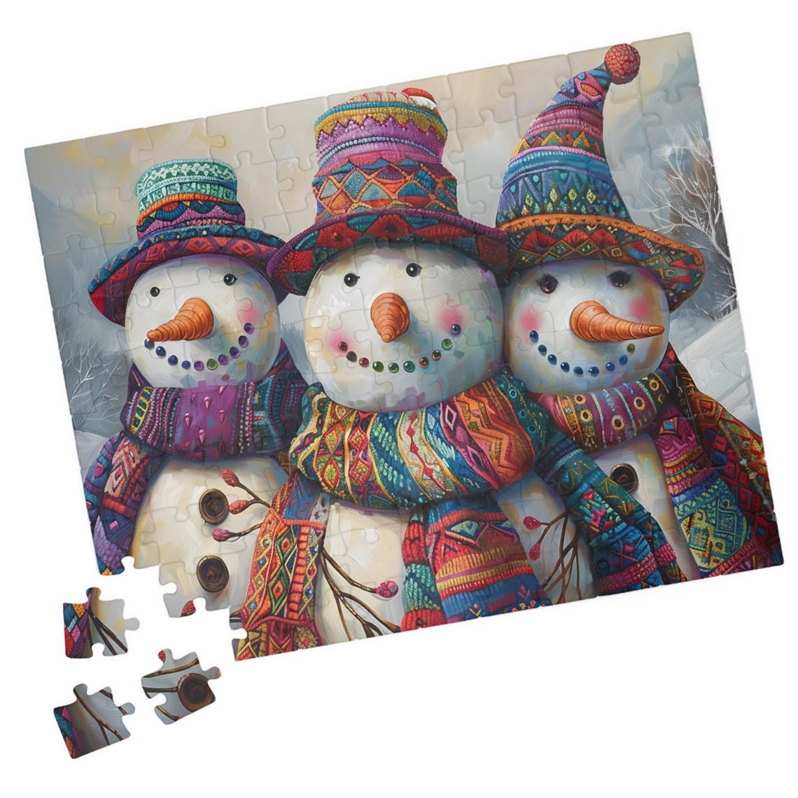 Three Smiling Snowmen In Colorful Knit Hats Winter Art Poster