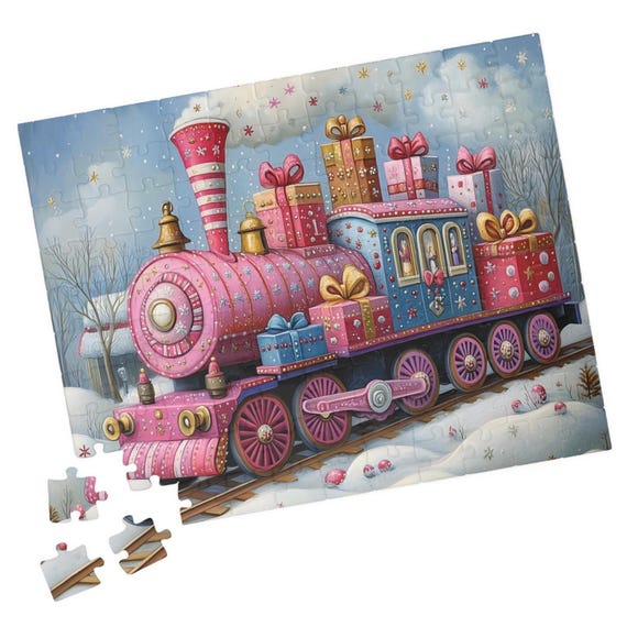 Pink Blue And Purple Train With Presents Jigsaw Puzzle Gift For Holidays Birthdays Get Well And Nursing Homes Tech Free Activity