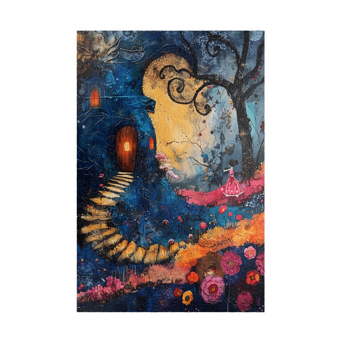 Moonlit Tree Cottage With Little Girl Pink Dress Night Fantasy Poster - Image 3