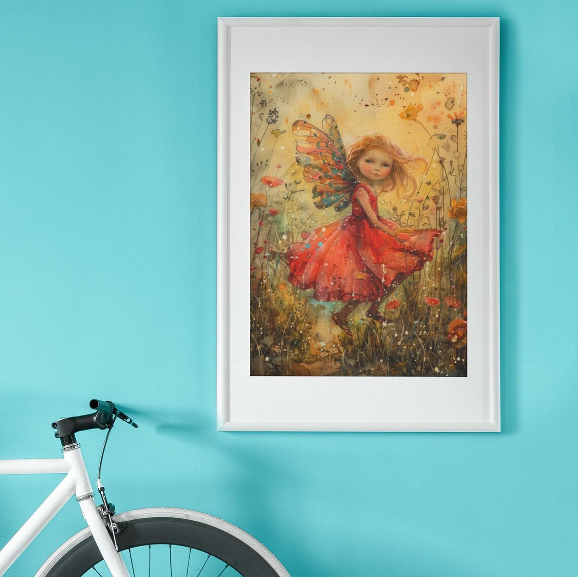 Little Fairy in a Red Dress Dancing in a Wildflower Meadow Poster - Image 2