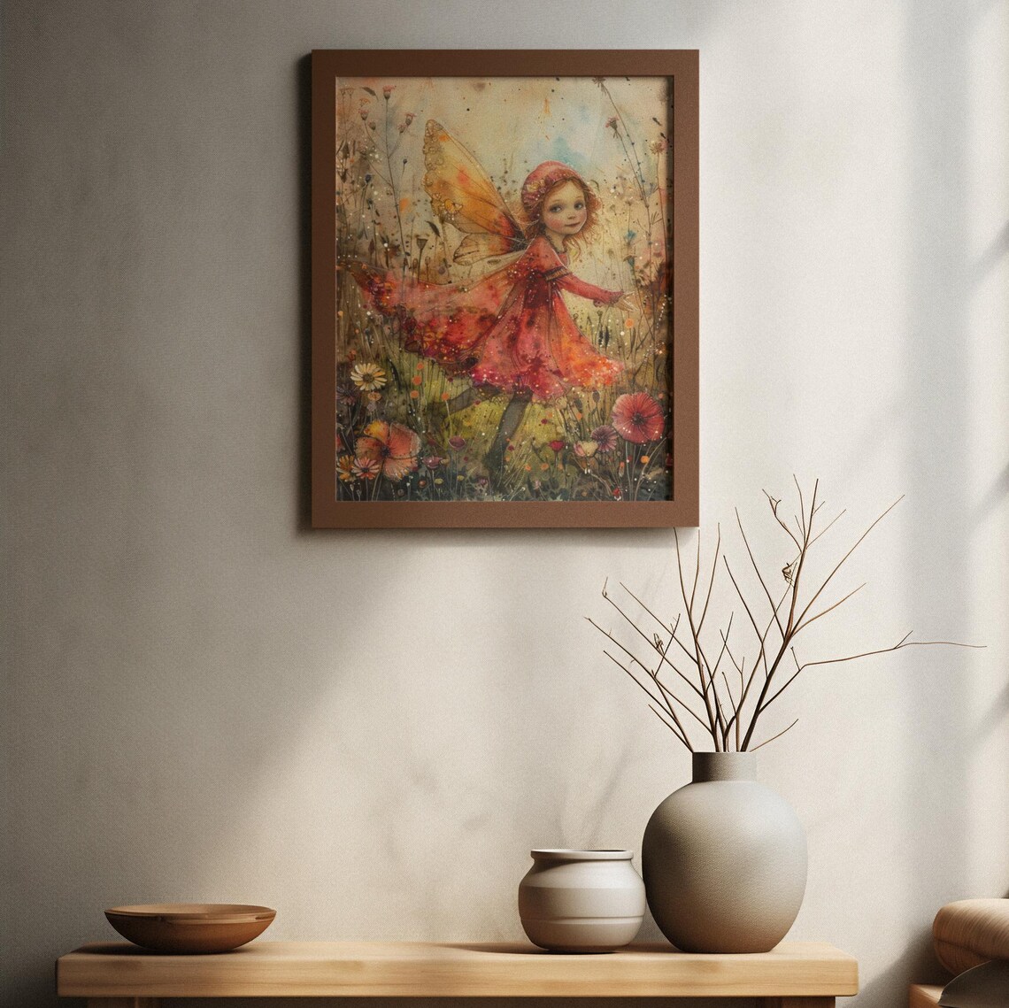 Meadow Fairy Girl Running Wildflowers Red Dress Watercolor Poster - Image 2