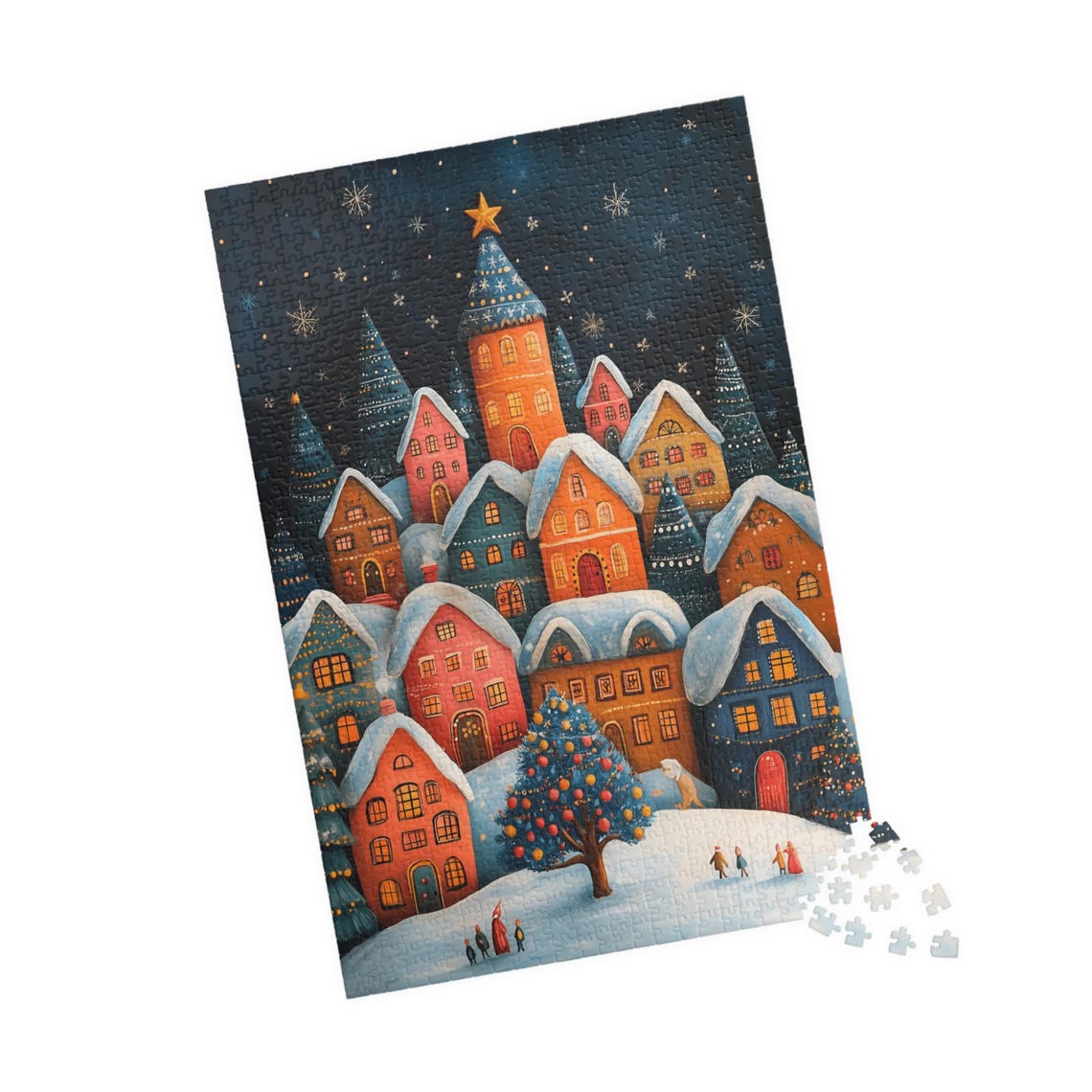 Snowy Christmas Village Under Stars with Tree and Figures Art Print - Image 4