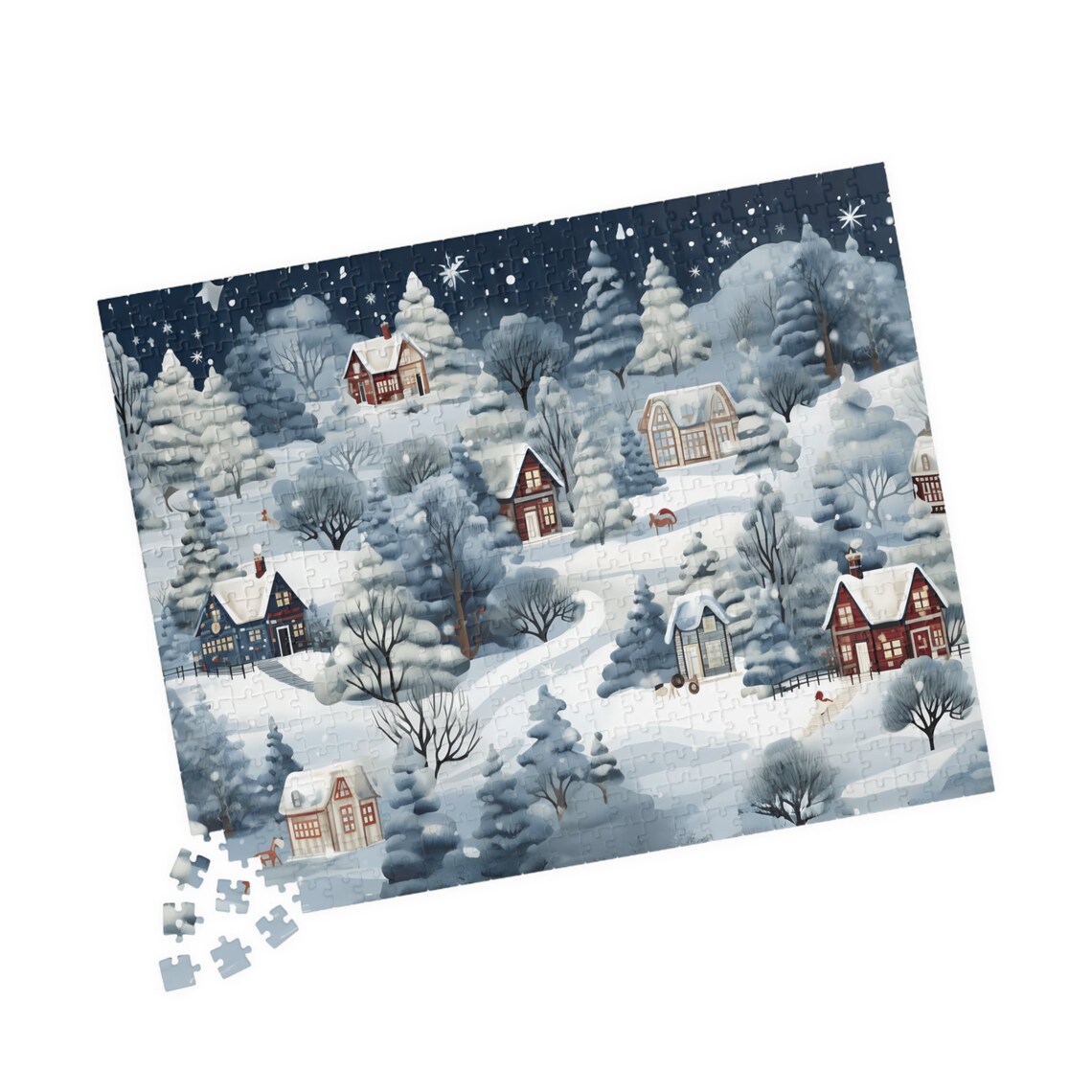 Snowy Winter Village Cabins Starry Night Pine Forest Art Poster - Image 4