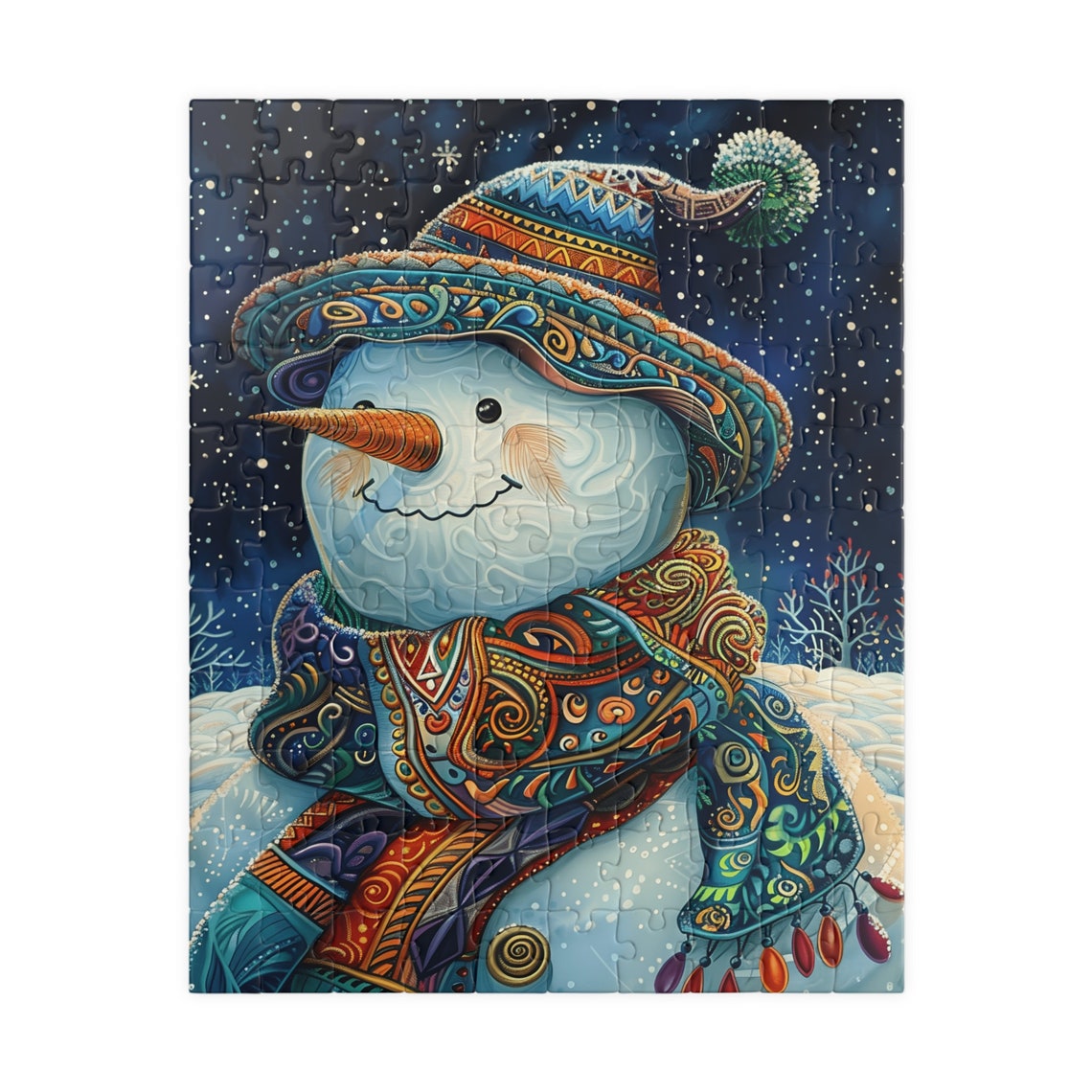 Colorful Snowman with Patterned Hat and Swirl Scarf Starry Poster - Image 5