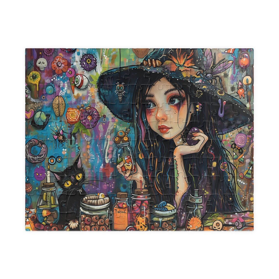 Young Witch Girl With Potion Bottles And Black Cat Halloween Art Poster - Image 5