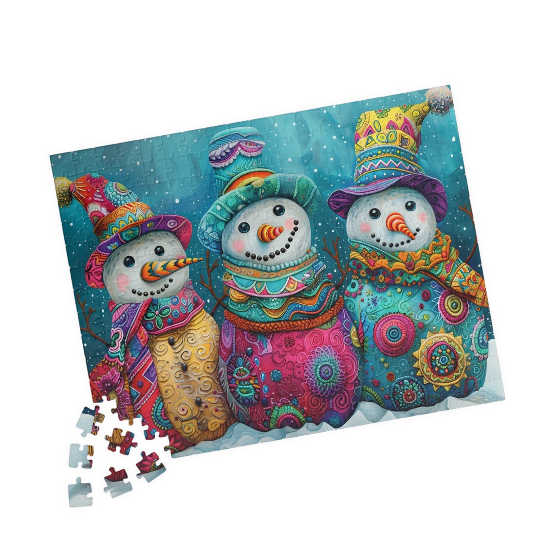 Three Whimsical Snowmen Friends in Colorful Patterned Scarves Poster - Image 4