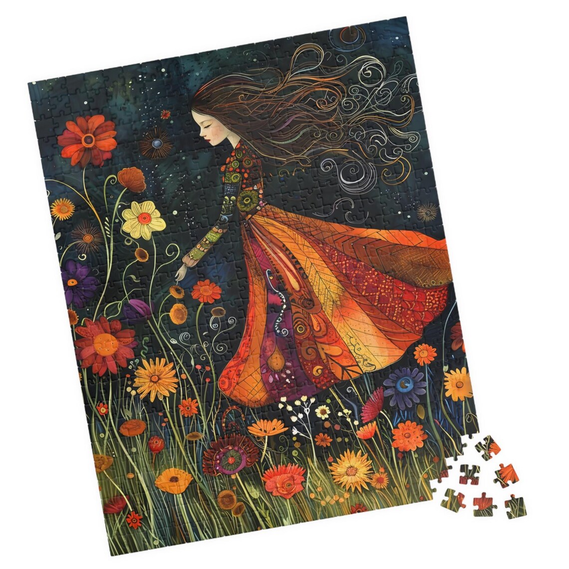 Boho Girl Wildflower Field Night Whimsical Folk Art Female Poster