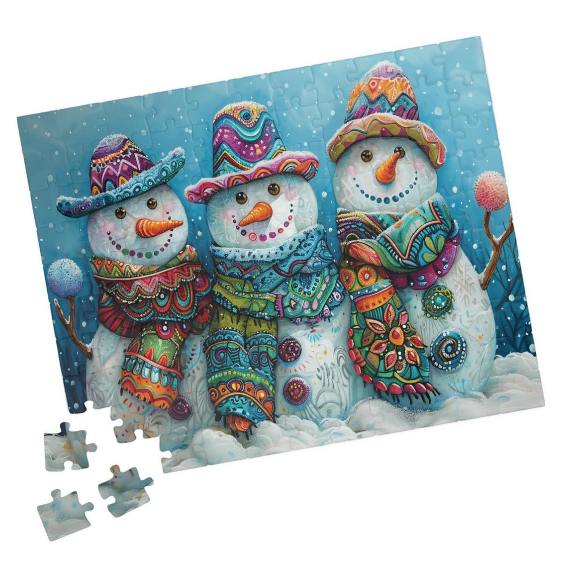 Three Colorful Snowmen Wearing Patterned Party Hats in the Snow Poster