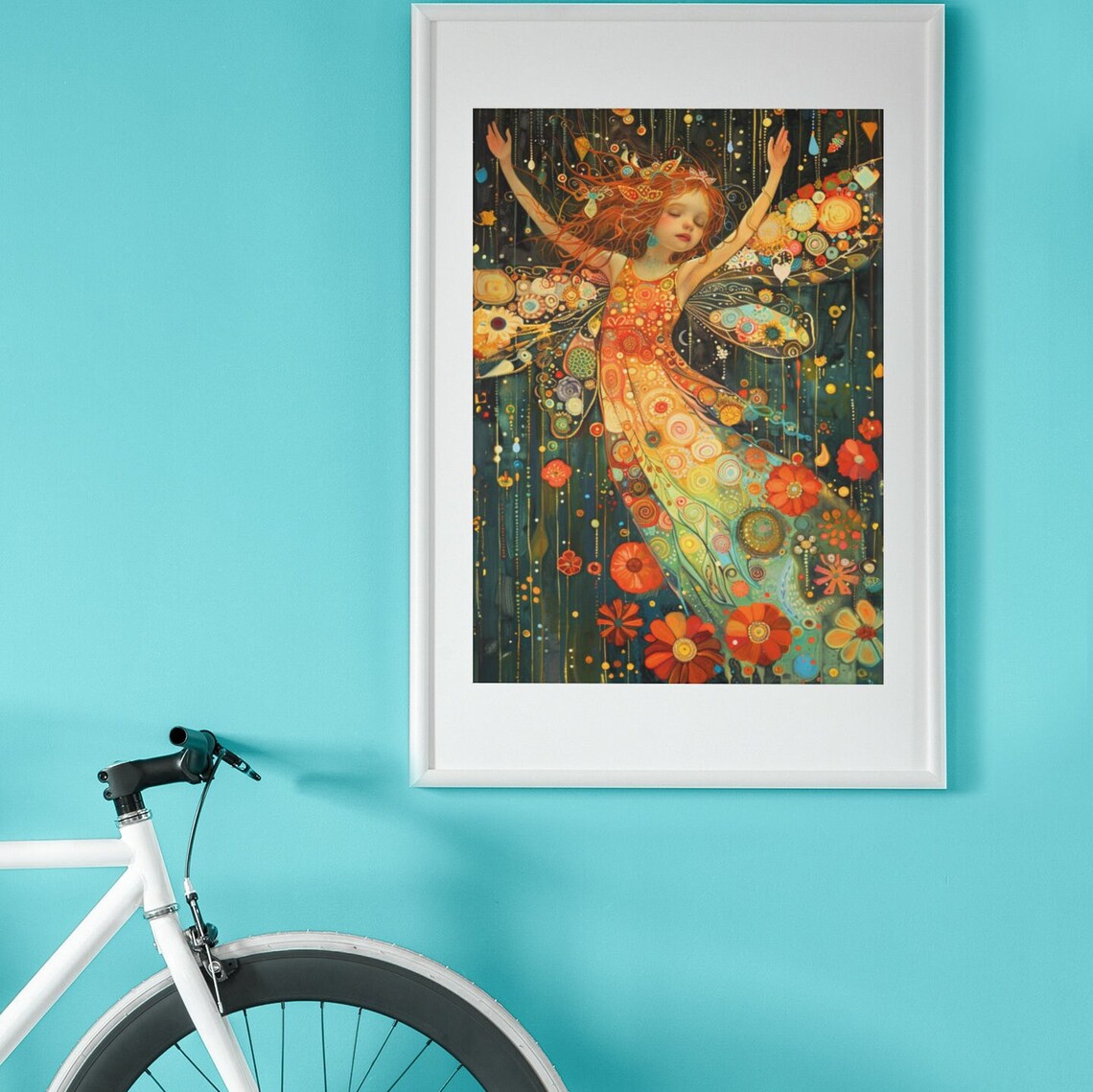 Vibrant Fairy Girl Mosaic Flower Dress Teal Fantasy Art Poster - Image 3