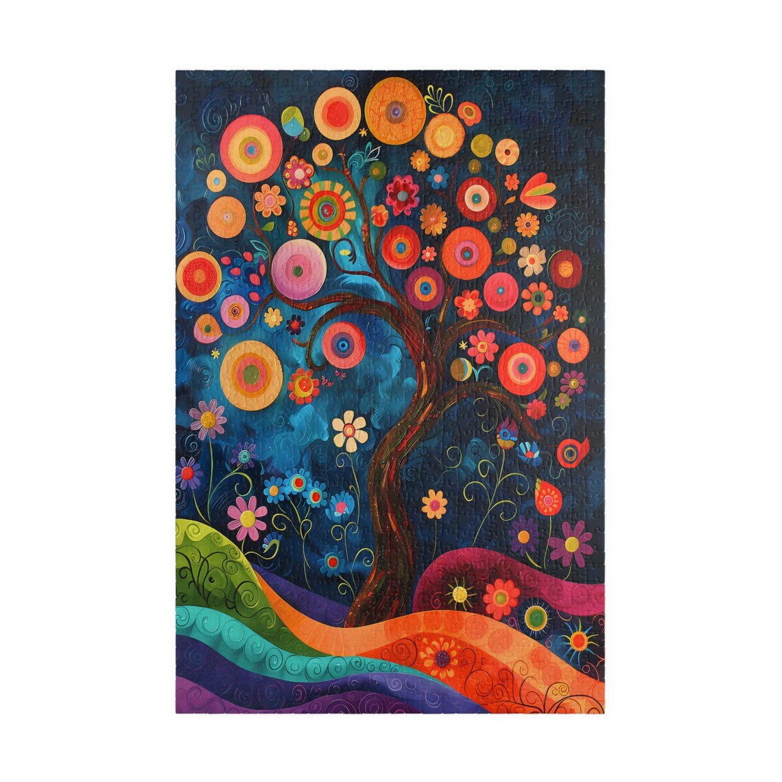 Folk Art Tree of Life Round Blossom Night Sky Colorful Poster - Image 3