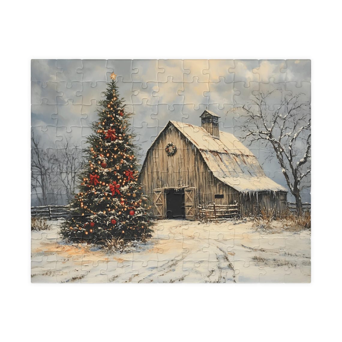Rustic Barn With Lit Christmas Tree Red Bows Snowy Dusk Poster - Image 5