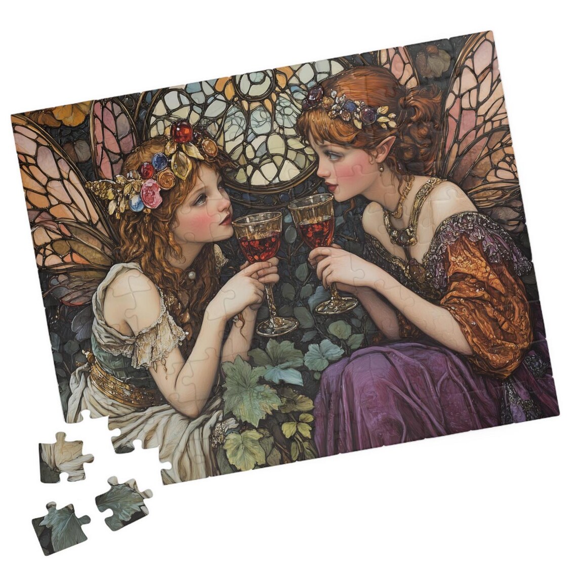 Fairy Friends Toasting Wine Glasses Stained Glass Fantasy Poster
