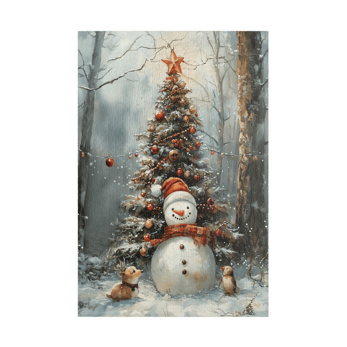 Snowman With A Fawn And Bird By A Christmas Tree Watercolor Print - Image 3