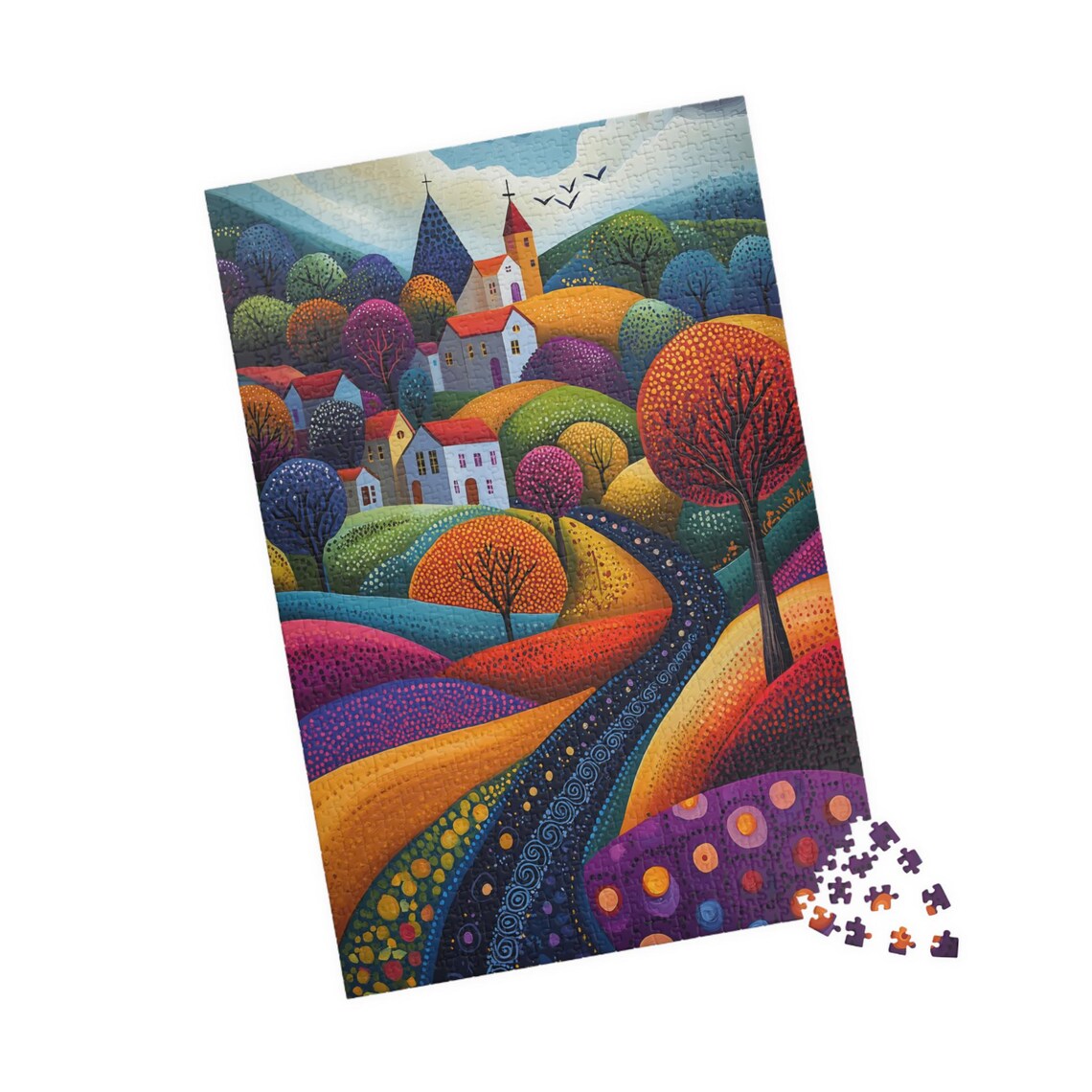Colorful Naive Village with Church Among Rolling Hills Art Print - Image 4