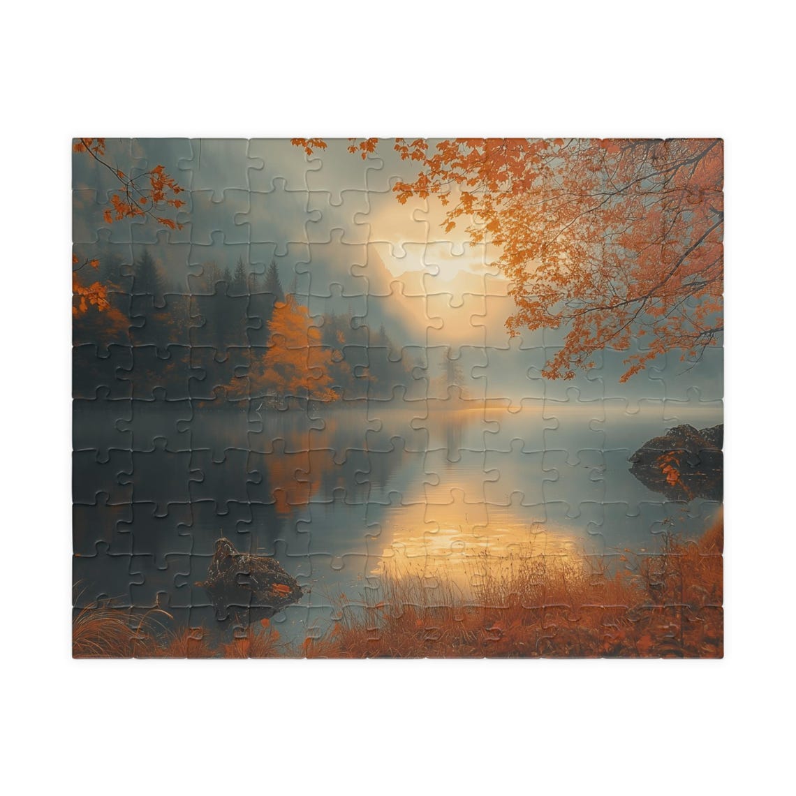 Autumn Lake at Sunset Misty Golden Reflections Landscape Art Poster - Image 5