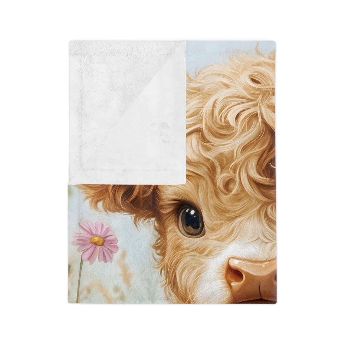 Baby Highland Cow In Flowers, Soft Light Landscape Art Print - Image 3