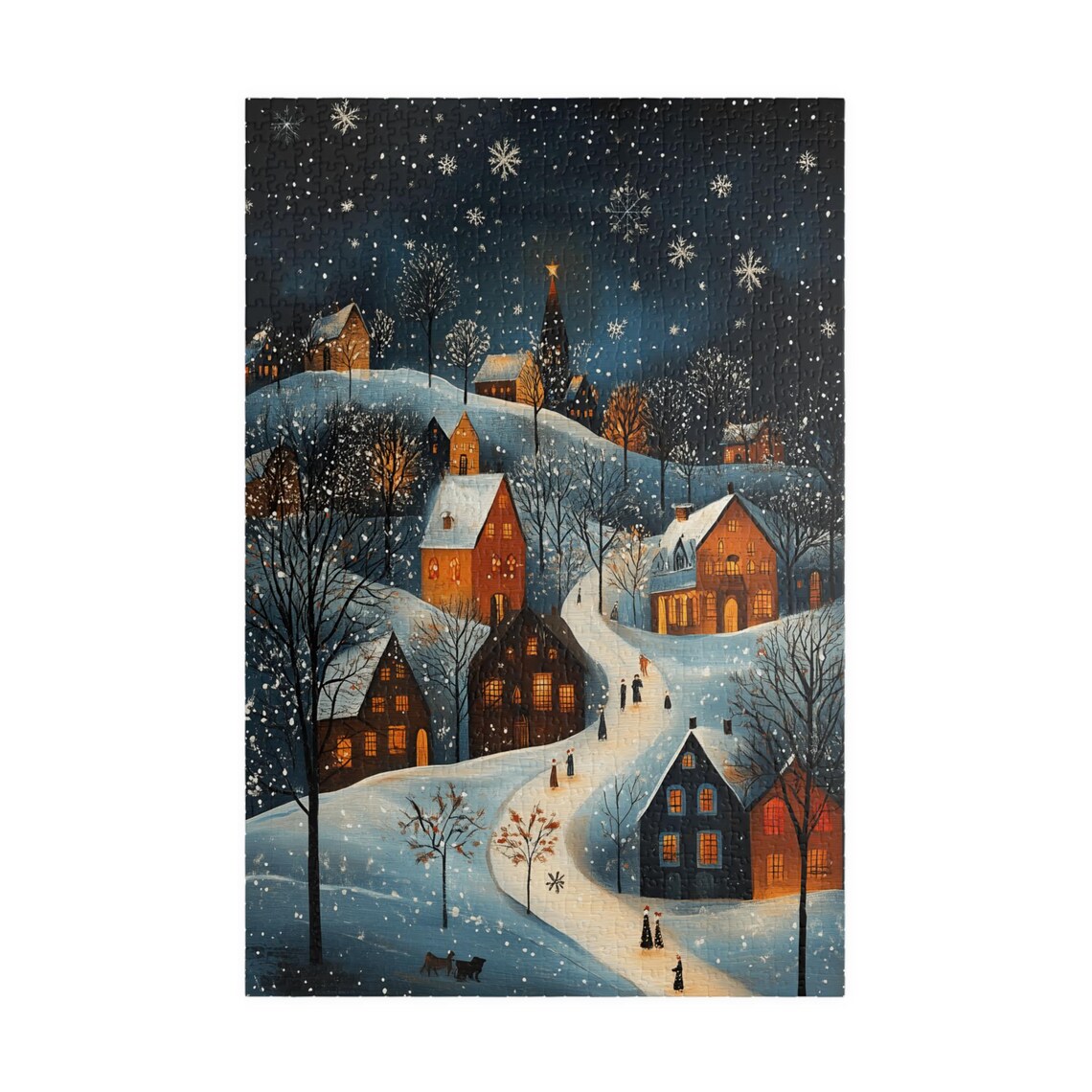 Scandinavian Snowy Village Night With Starlit Church Spire Folk Poster - Image 3