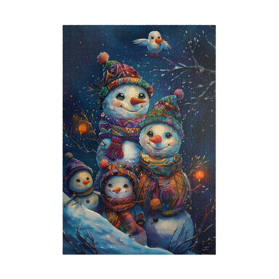 Four Colorful Snowman Kids in Patterned Hats Under Starry Night Poster - Image 3
