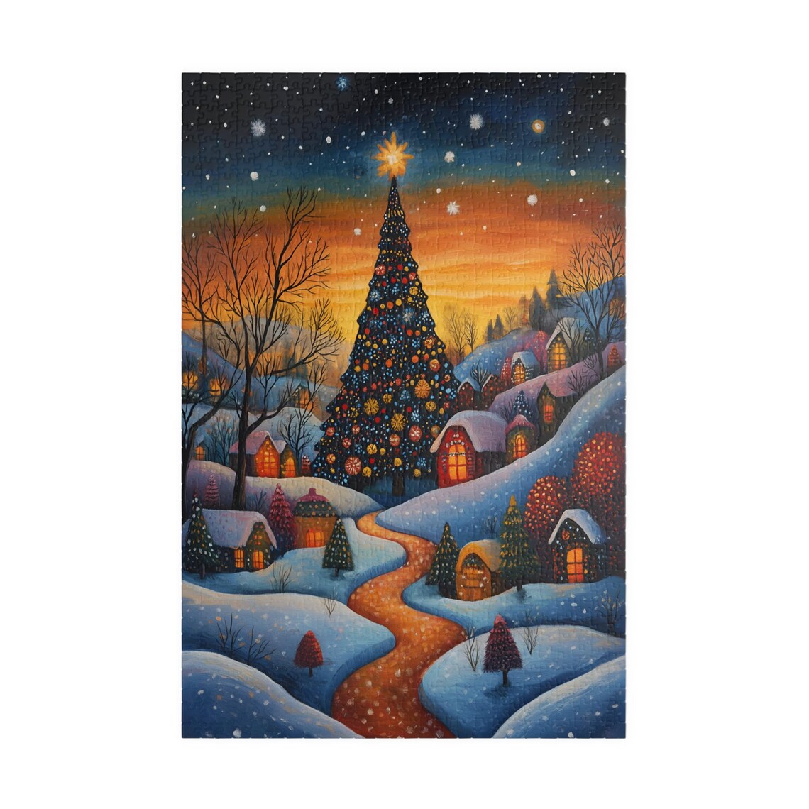 Folk Art Christmas Village With Giant Tree at Sunset Snow Night Poster - Image 3