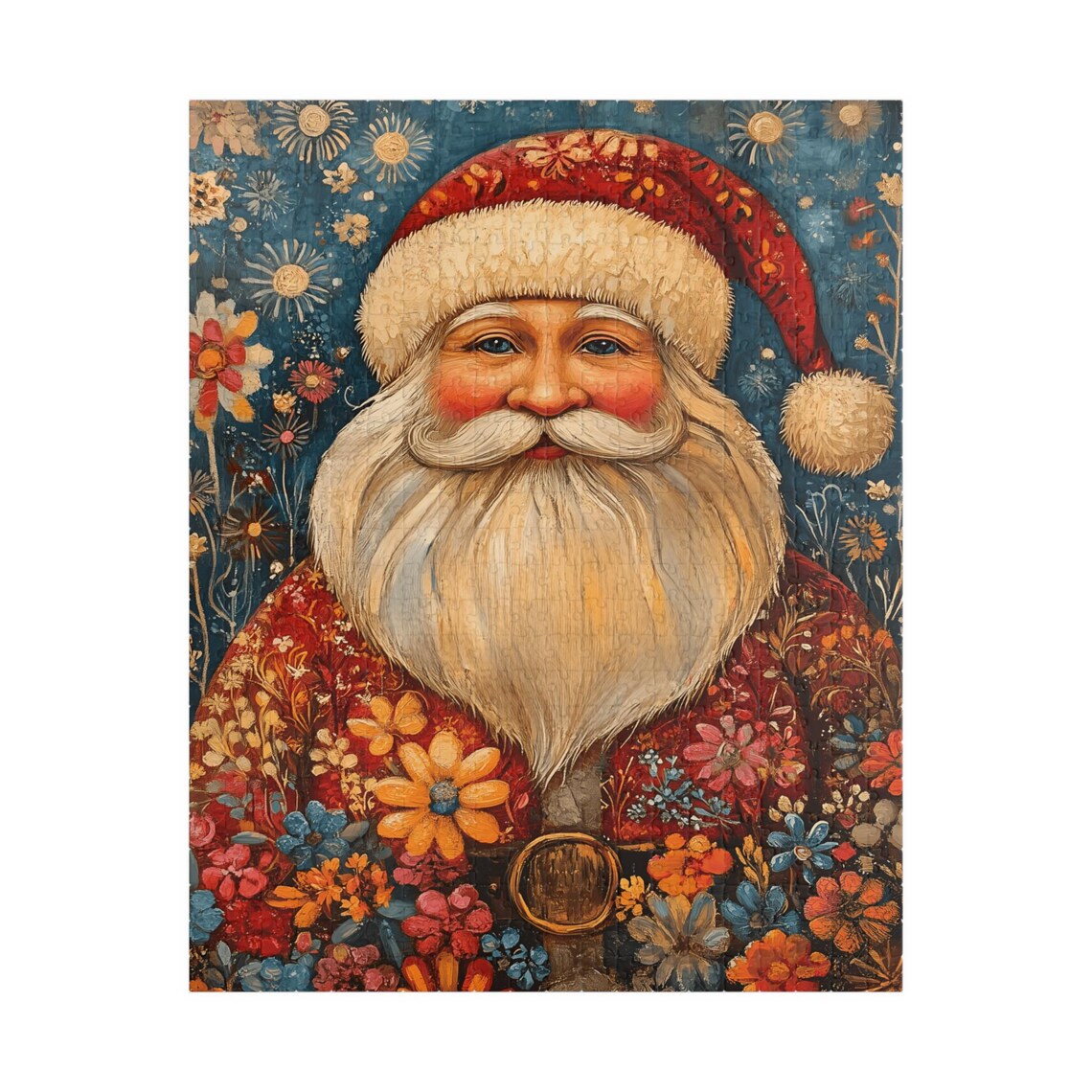 Scandinavian Santa Folk Art Portrait with Floral Red Coat Art Print - Image 5